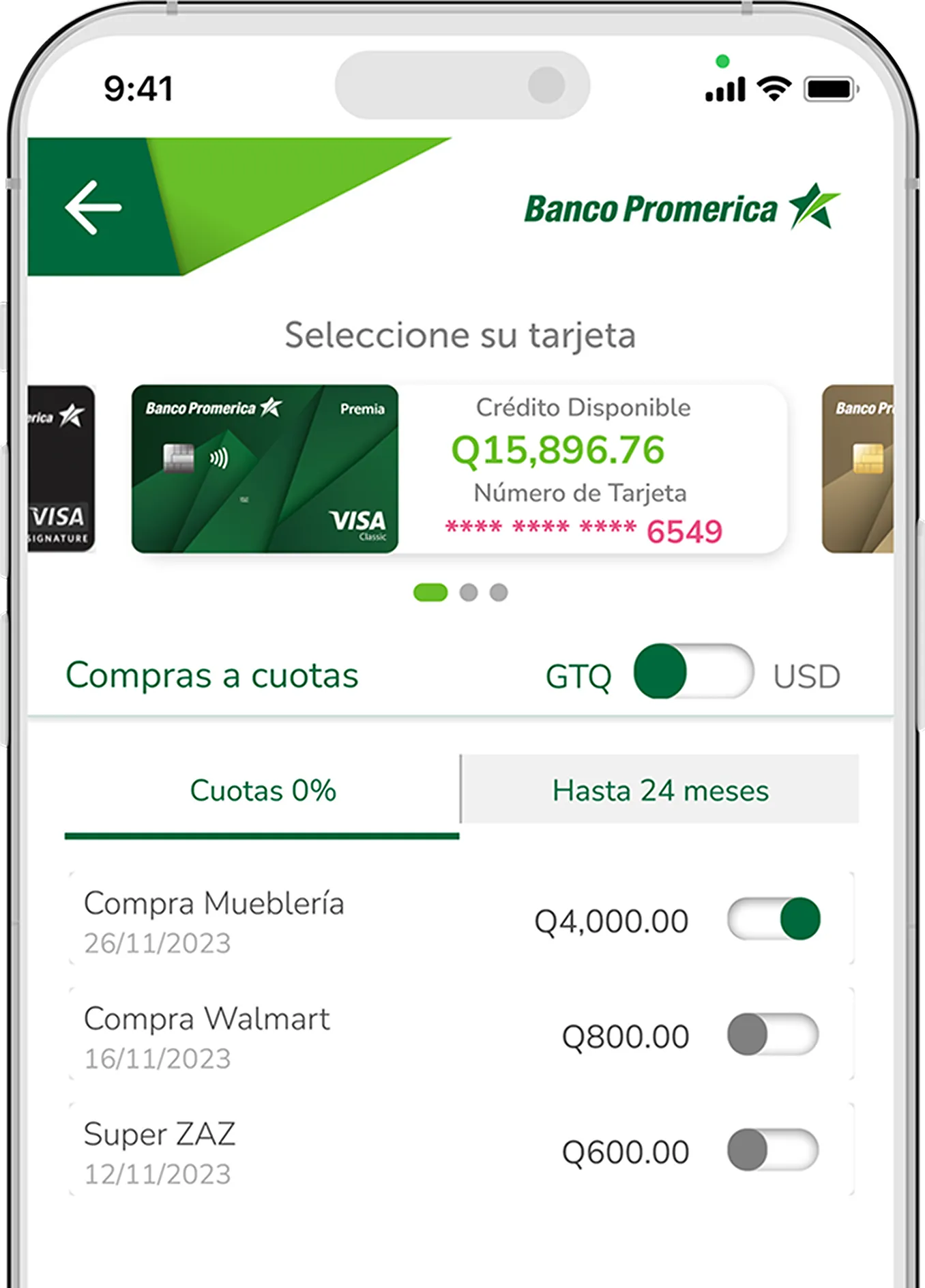 Sección, dentro de la Banca Móvil de Banco Promerica, de cómo trasladar compras a cuotas.